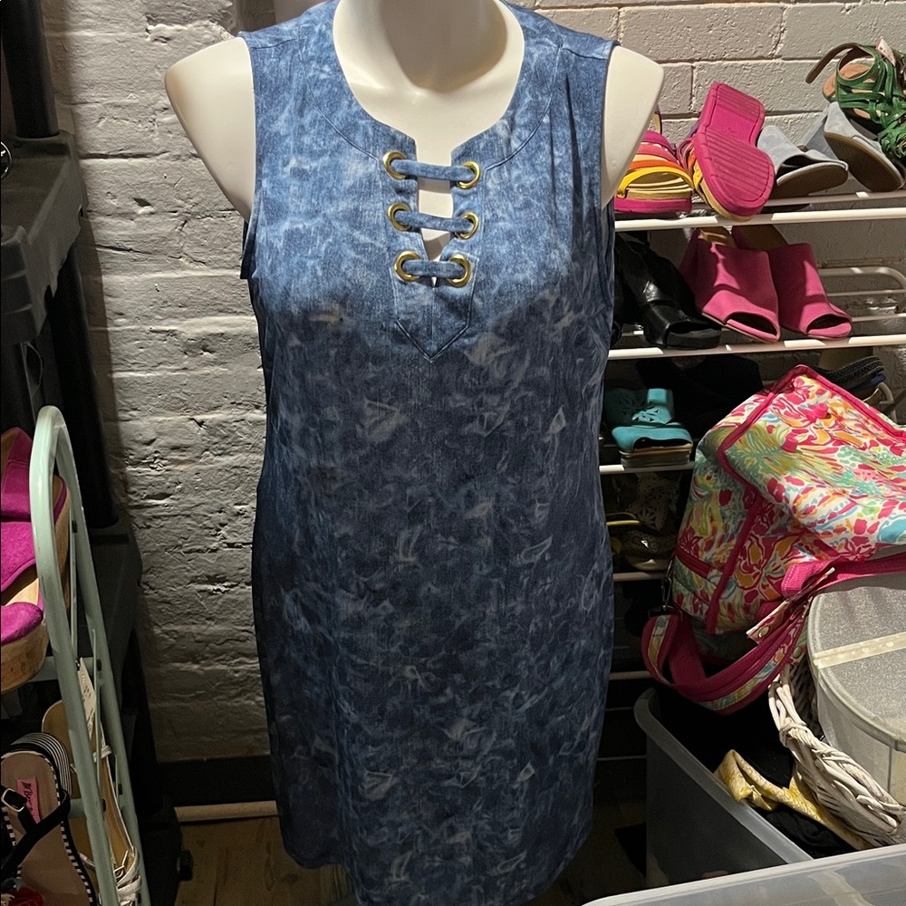 Michael Kors Blue Sleeveless Dress with Gold Accents